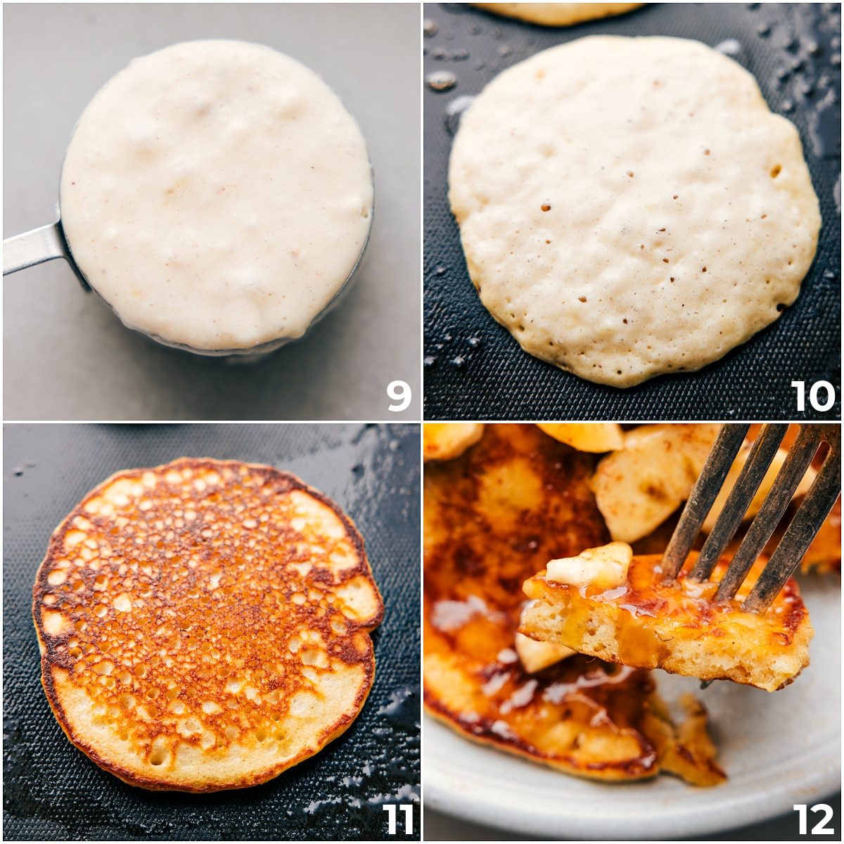 The batter being cooked on a skillet, golden brown and ready to flip.