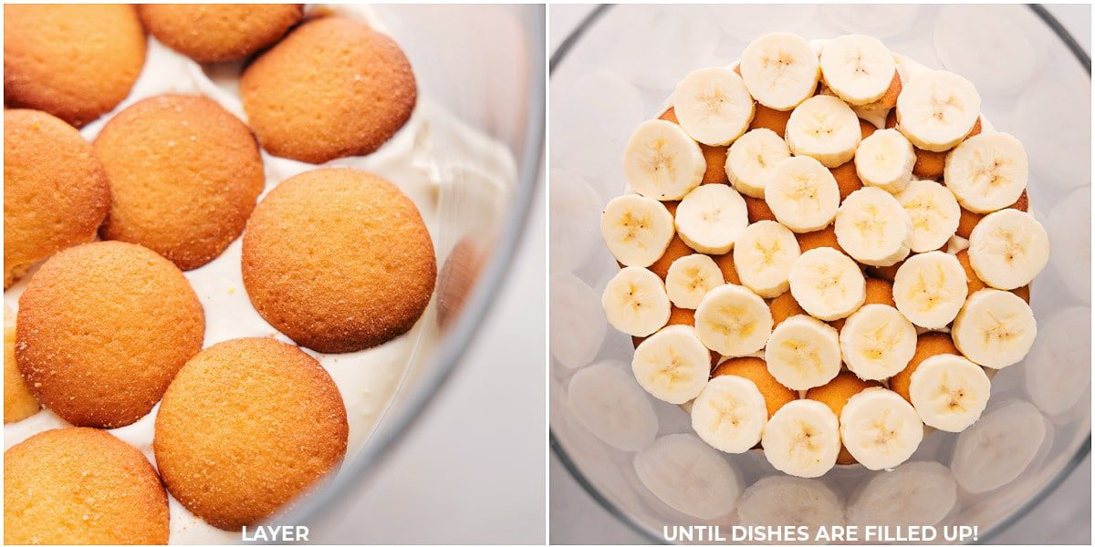 Begin layering with adding the pudding, followed by vanilla cookies and sliced bananas, then repeating these steps to create the gorgeous and satisfying banana pudding recipes.