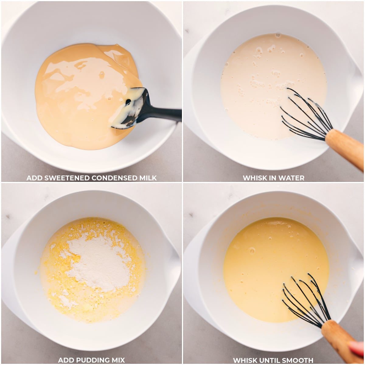 Sweetened condensed milk being added, followed by whisking in water, and then adding the pudding mix and whisking until smooth, the initial steps in preparing this straightforward banana pudding recipe.
