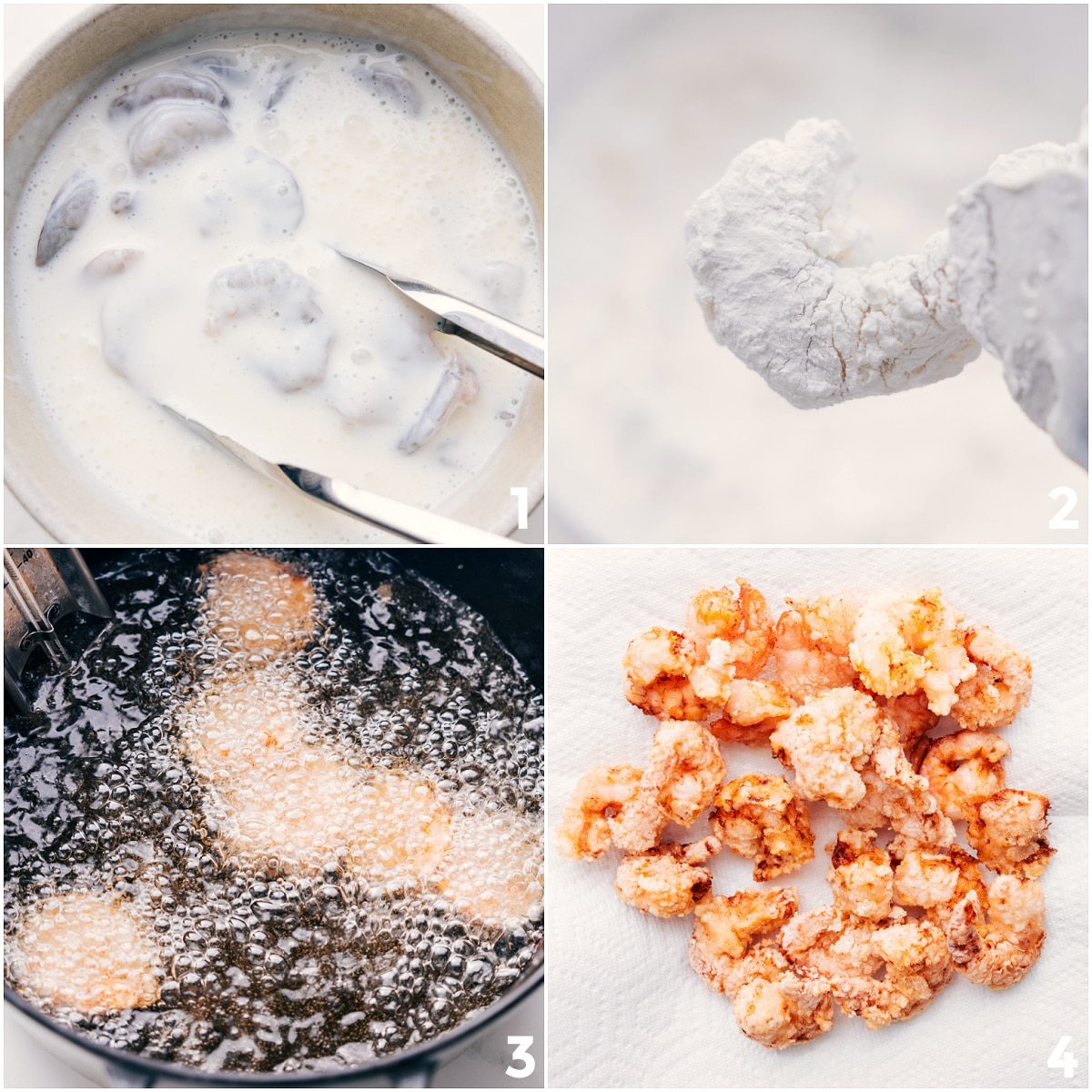 Bang Bang shrimp being dredged in buttermilk, coated in flour, then fried in hot oil until the edges turn golden and crispy.