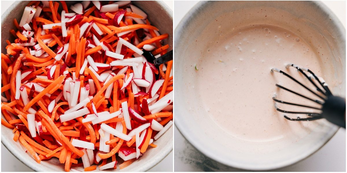 The pickled radish and cucumber salad tossed together in a bowl, and the sauce whisked together in another bowl for these Banh Mi Bowls.