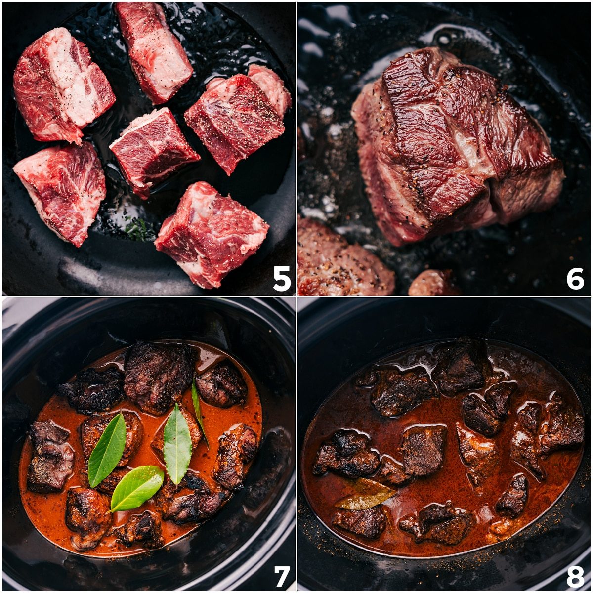 Searing the beef and then adding it to the slow cooker with the sauce and bay leaves.