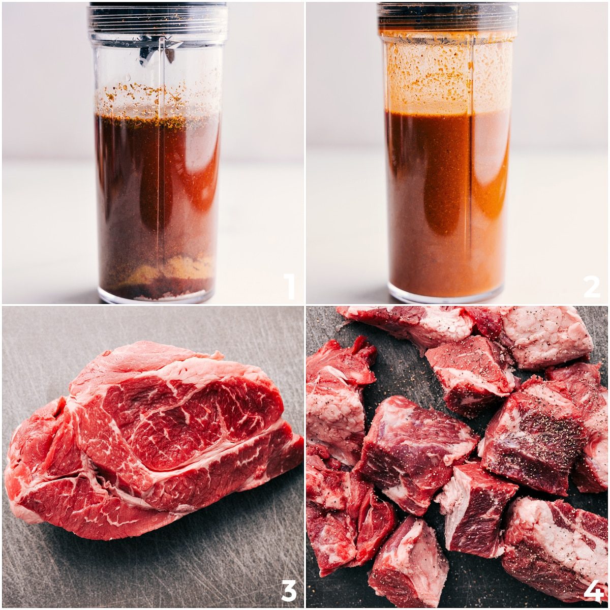 Sauce for this Barbacoa Beef Recipe being blended, then beef being chopped and seasoned.