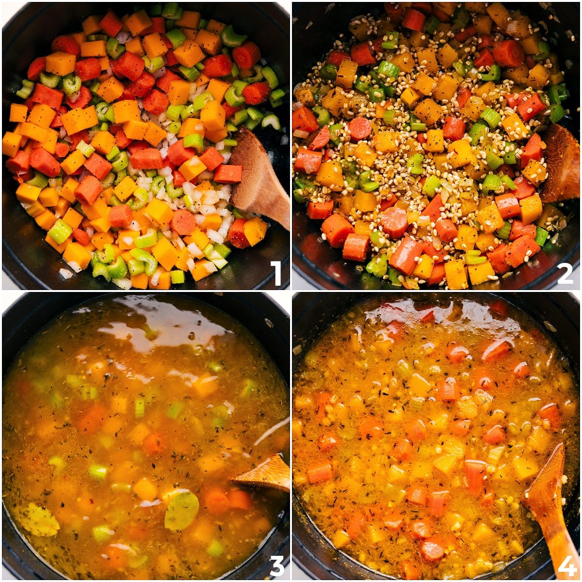 The veggies being sautéed and then the barley and broth being added and the whole barley soup simmering and cooking together.