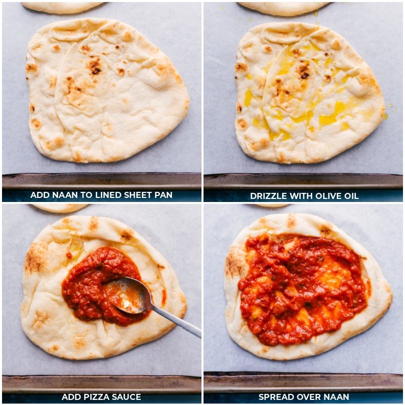 Flatbread on a sheet pan with oil and pizza sauce spread on naan for flatbread pizza recipe.