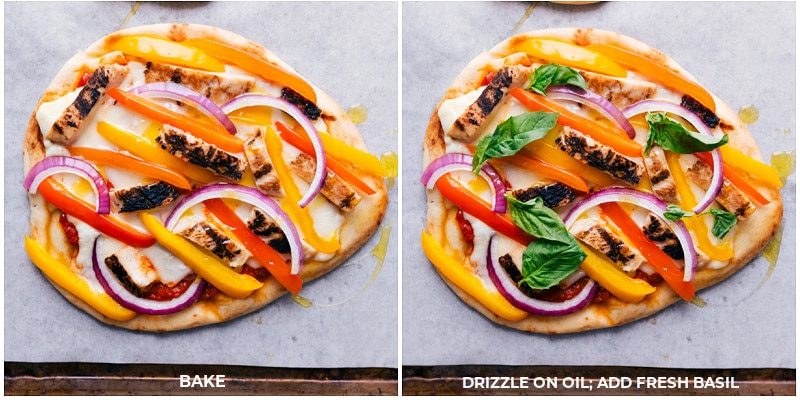 Flatbread pizza recipe topped and baked until the edges turn golden and bubbly.