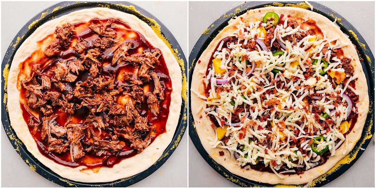 All the ingredients being layered onto the dough to be baked for this BBQ chicken pizza recipe.
