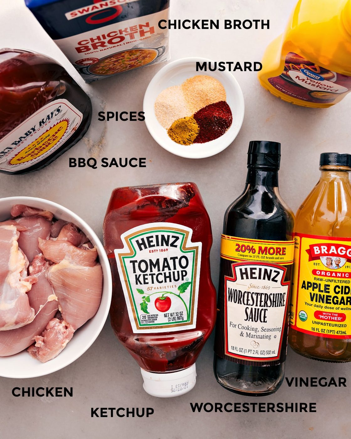 Prep all the ingredients for straightforward assembly, including the meat, ketchup, Worcestershire sauce, vinegar, mustard, and broth.