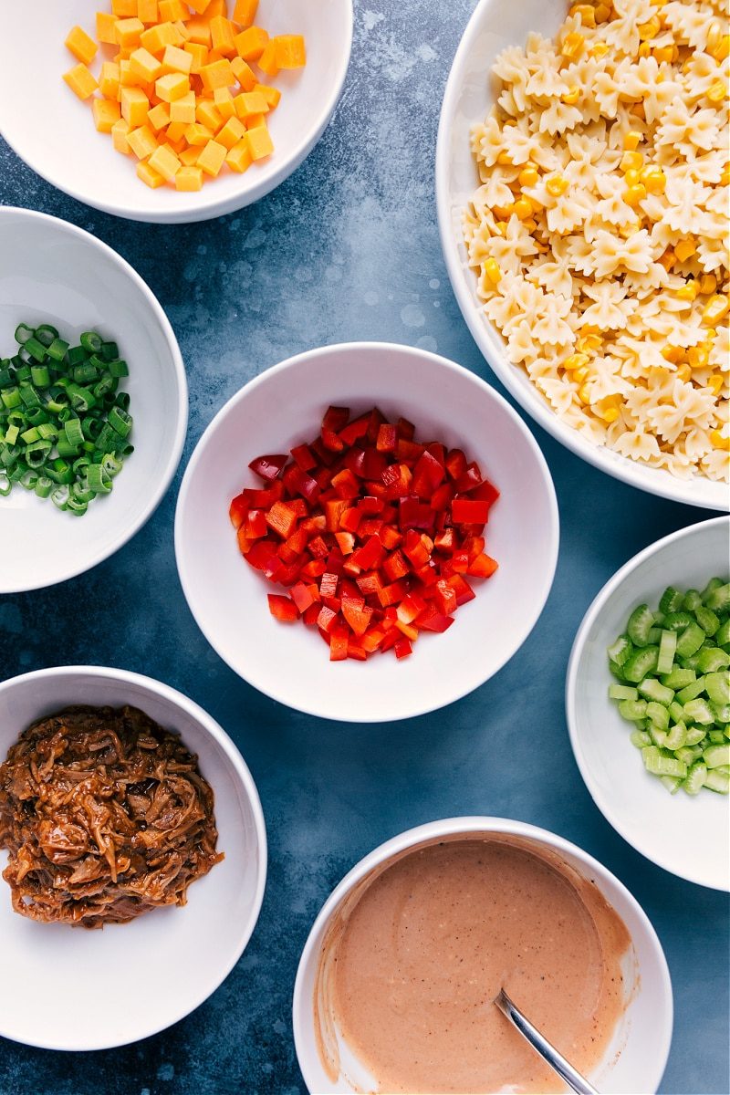 Ingredients prepped out for this recipe prepped out for straightforward assembly including the cheese, pasta, peppers, green onions, celery, pork, and sauce.