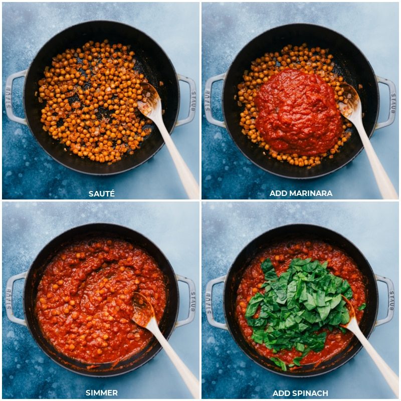 Process shots--Sauté beans; add marinara; simmer; add spinach.