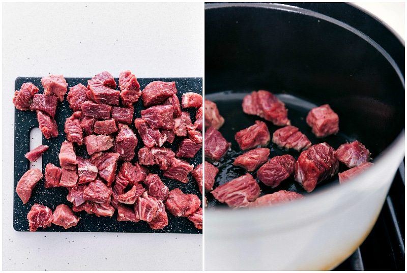 The beef being chopped and then seared before going in this Slow Cooker Beef and Barley Soup.