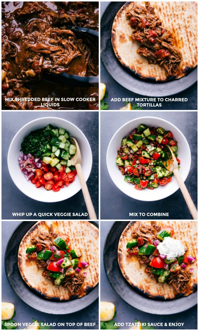 Adding the seasoned meat mixture to charred pitas; preparing a fresh veggie salad; spooning the salad over the meat; finishing with tzatziki sauce to complete the reliable beef gyro recipe.