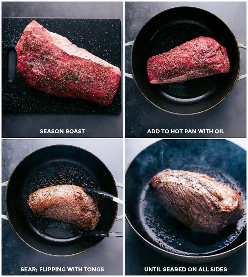 Seasoning the roast with spices; searing it in a pan with oil until evenly browned.