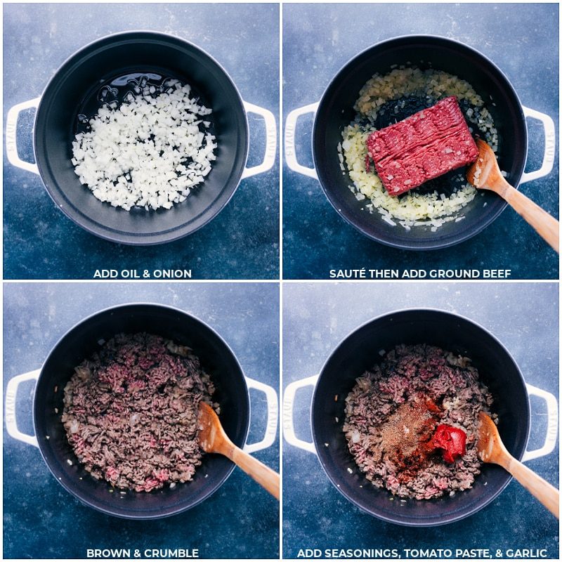 Process shots-- images of the oil, onion, ground beef, seasonings, tomato paste, and garlic all being sautéed in a pot