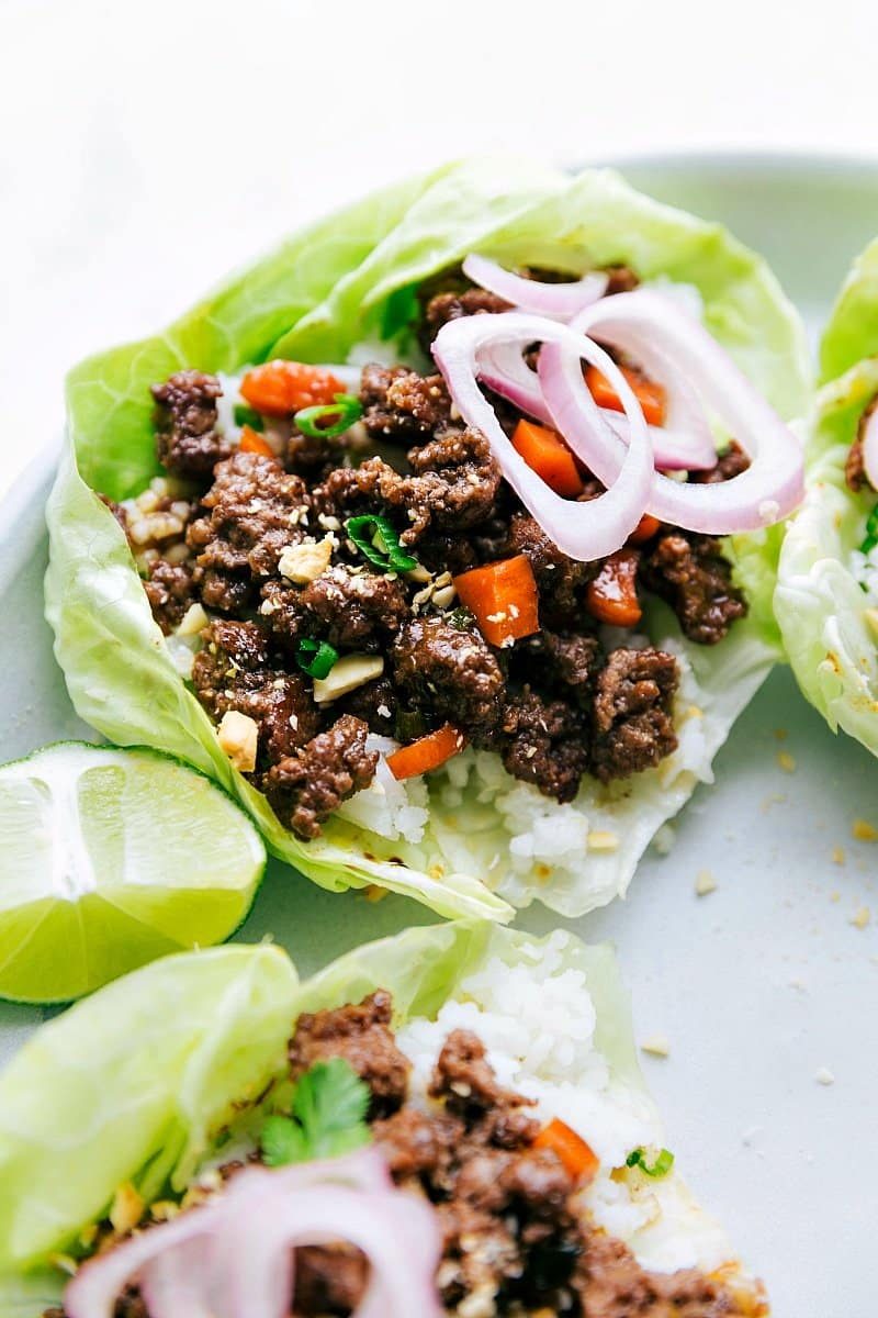 The finished beef lettuce wraps, beautifully presented with fresh toppings and packed with satisfying, savory flavor.