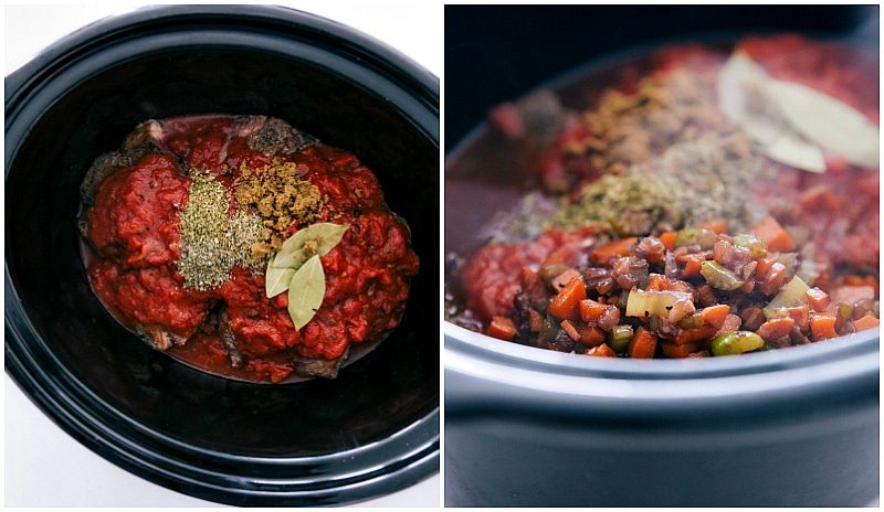 Beef, tomatoes, seasonings, and bay leaves added to the slow cooker for this beef ragu recipe to cook together.