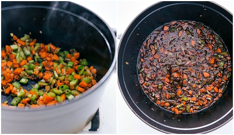 Sauté the veggies, then add the broth and cook everything together.