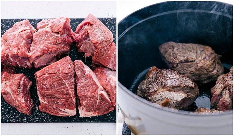 Chop the meat into evenly sized pieces, then sear in a pot.