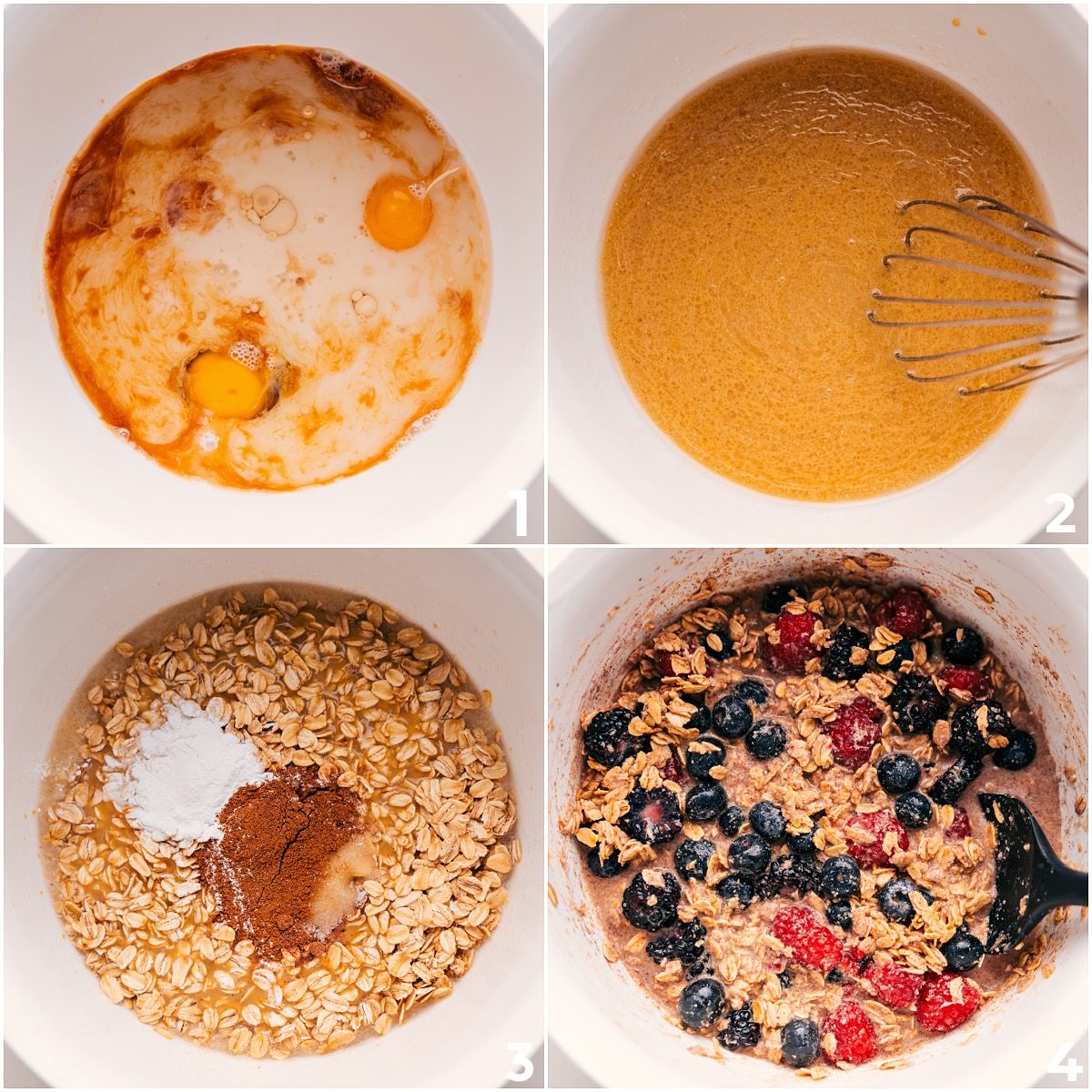 All the ingredients being whisked together in a bowl to form the batter for this berry oatmeal bake.
