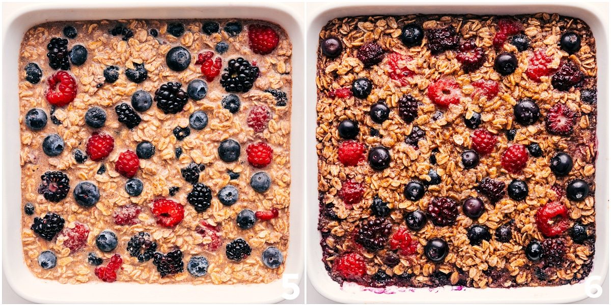 The breakfast being added to a pan and baked up to perfection.