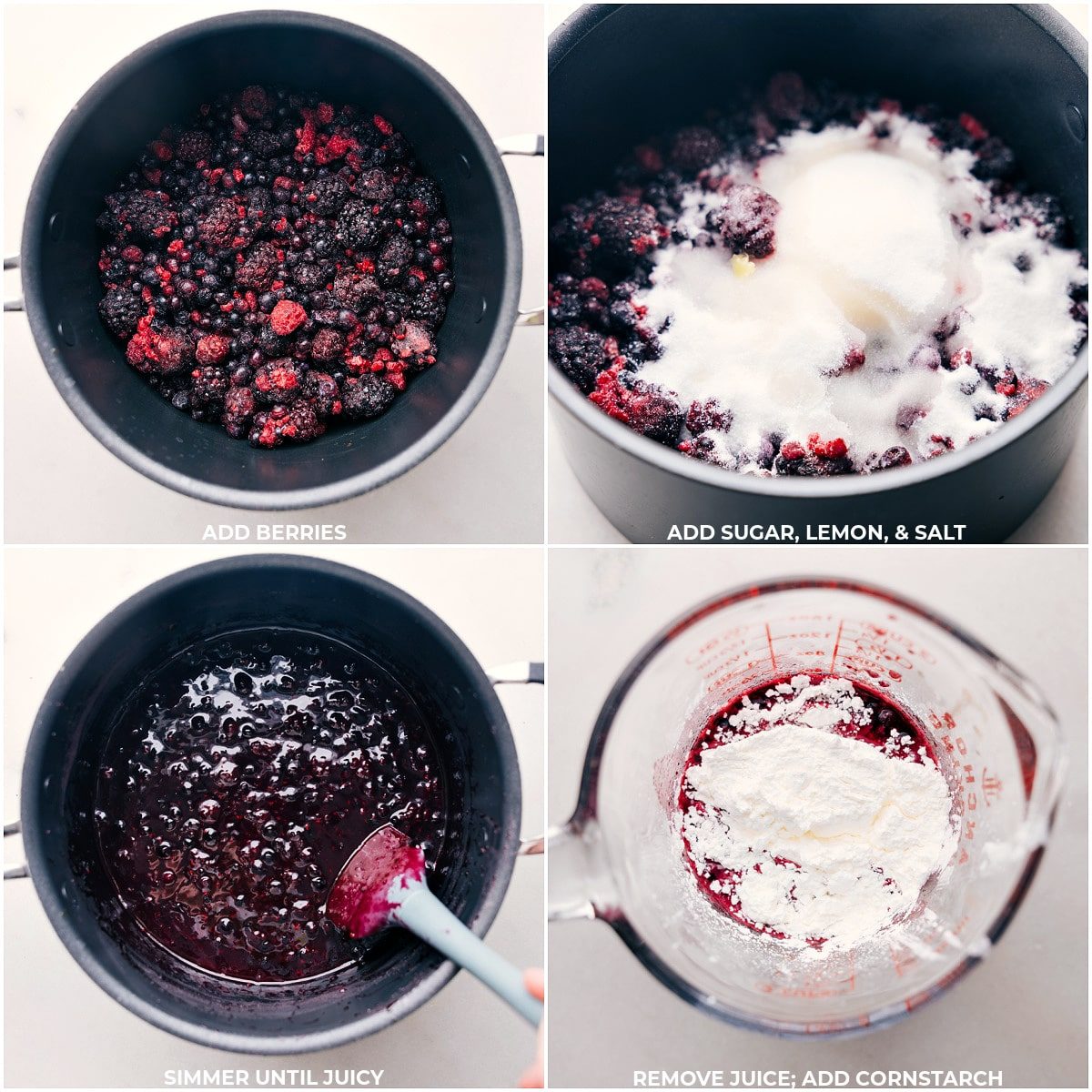 All the berries, sugar, lemon, salt, and cornstarch being added to a pot to simmer until juicy for this berry pie recipe.