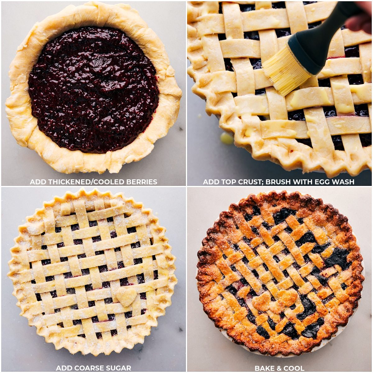 Assembling the Berry Pie Recipe by filling the crust with thickened berries, adding the top crust, brushing with egg wash, and baking.