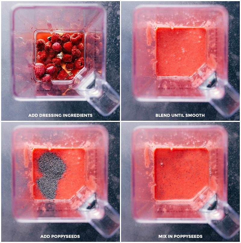 Fruity vinaigrette dressing being blended in a mixer for a reliable consistency.