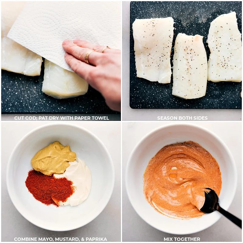 The cod being pat dry and the mayo, mustard, and paprika dip being mixed together for this baked cod recipe.
