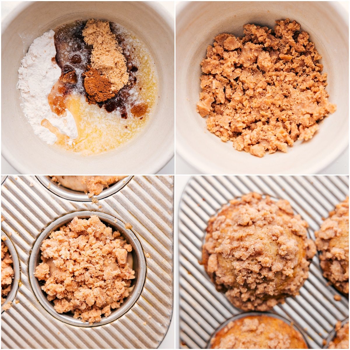 Crumb topping mixed and sprinkled over banana crumb muffins before baking.