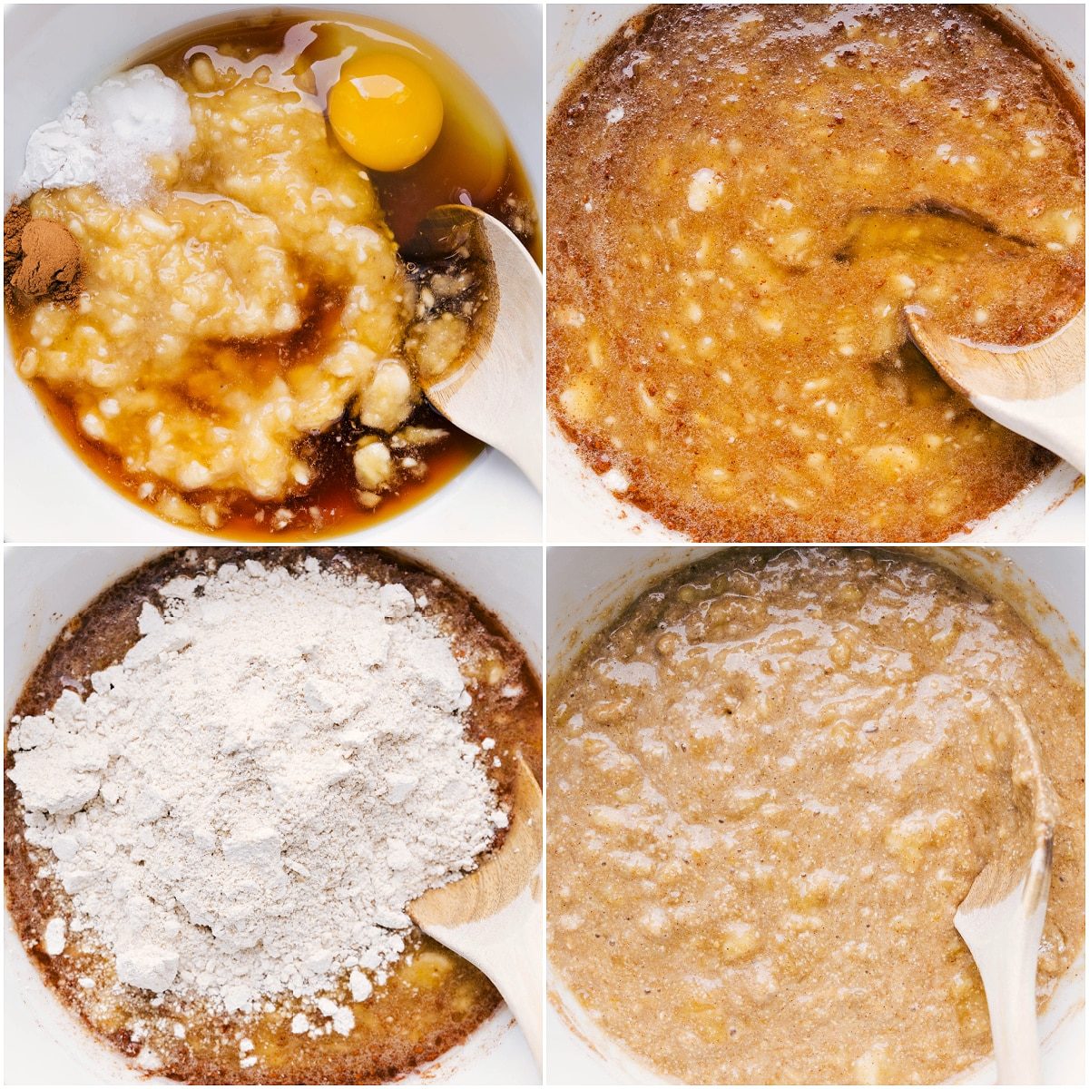Wet and dry ingredients being whisked together in a bowl for banana crumb muffins batter.