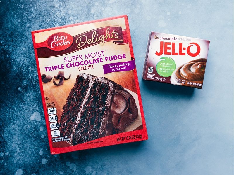 The cake mix used in this recipe and the pudding mix.