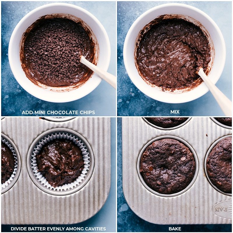 Cupcake batter being mixed together with chocolate chips; then added to the prepared cupcakes pan; and fresh out of the oven.