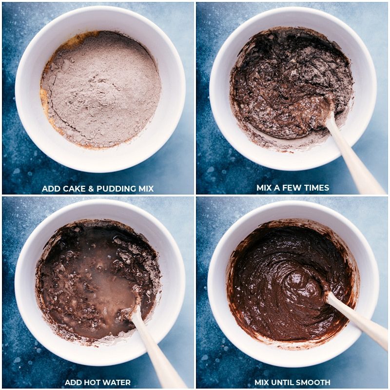 Dry ingredients being added on top of the wet and it all being mixed together.