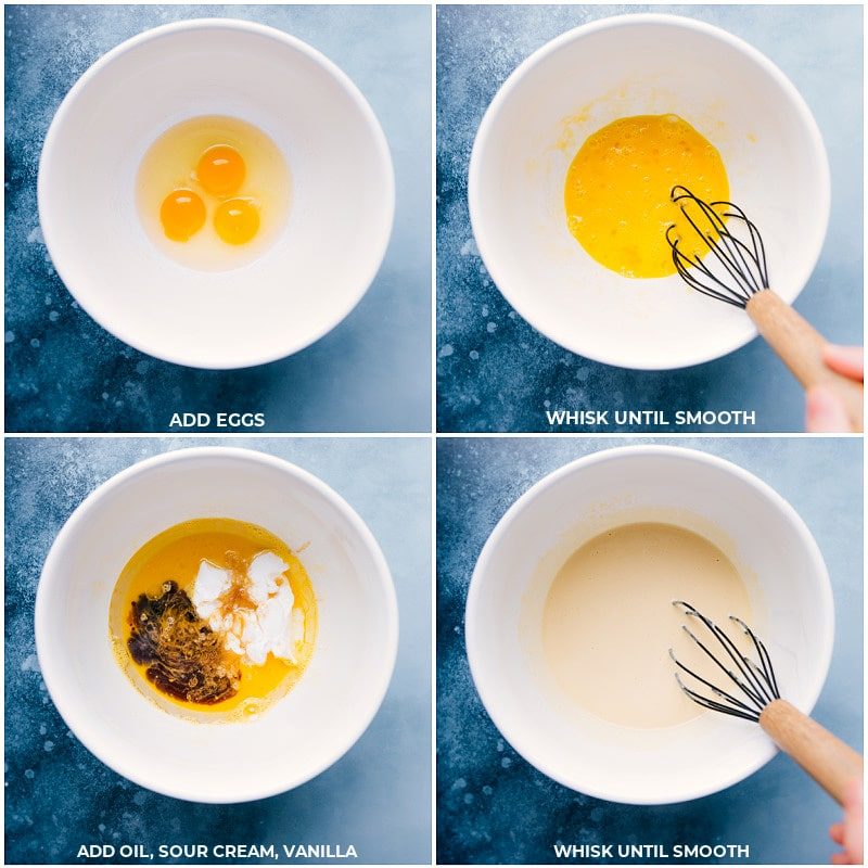 Wet ingredients being whisked together for these cake mix cupcakes.