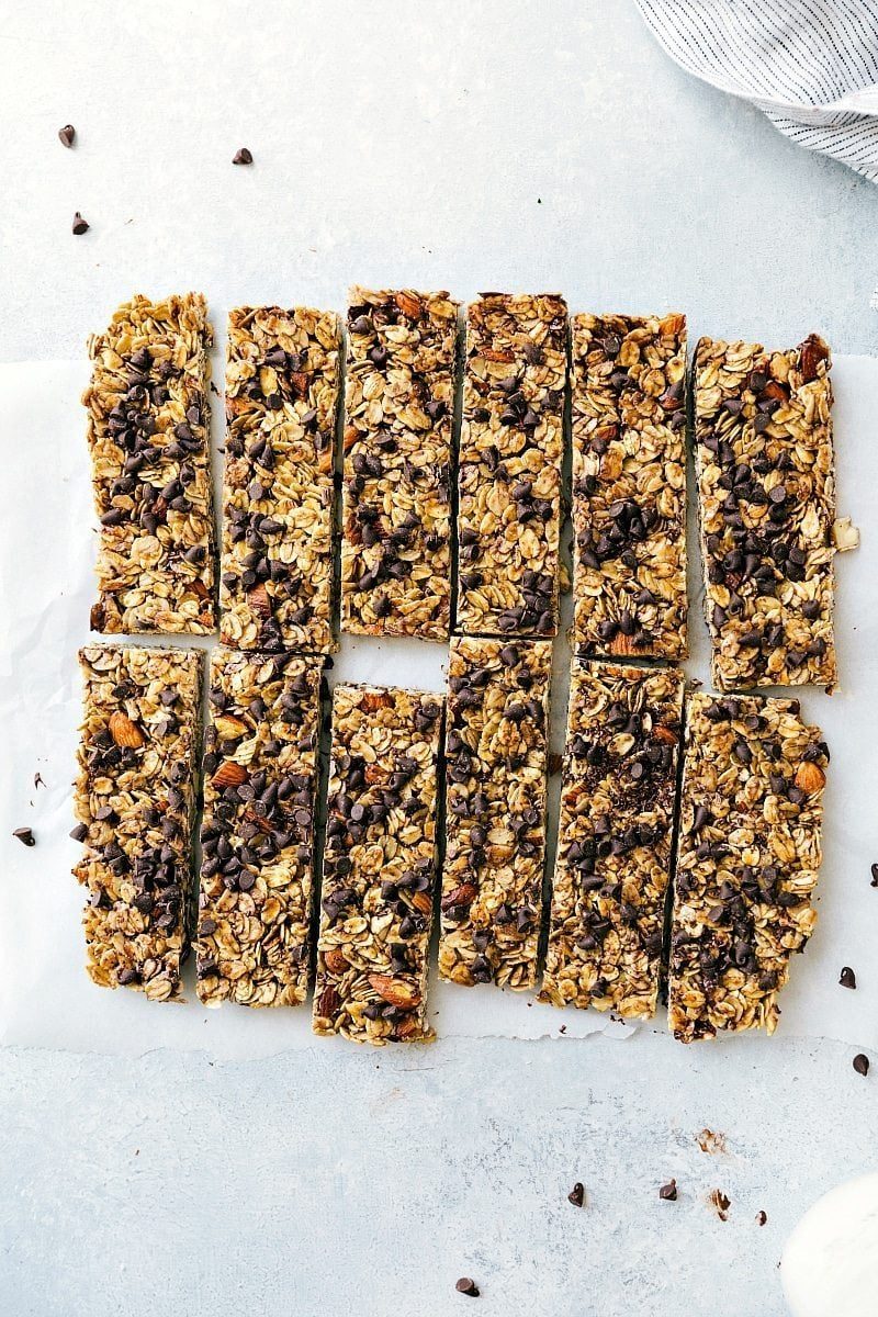 satisfying from-scratch granola bars, full of chocolate chips, cut into portions, and ready to be enjoyed.
