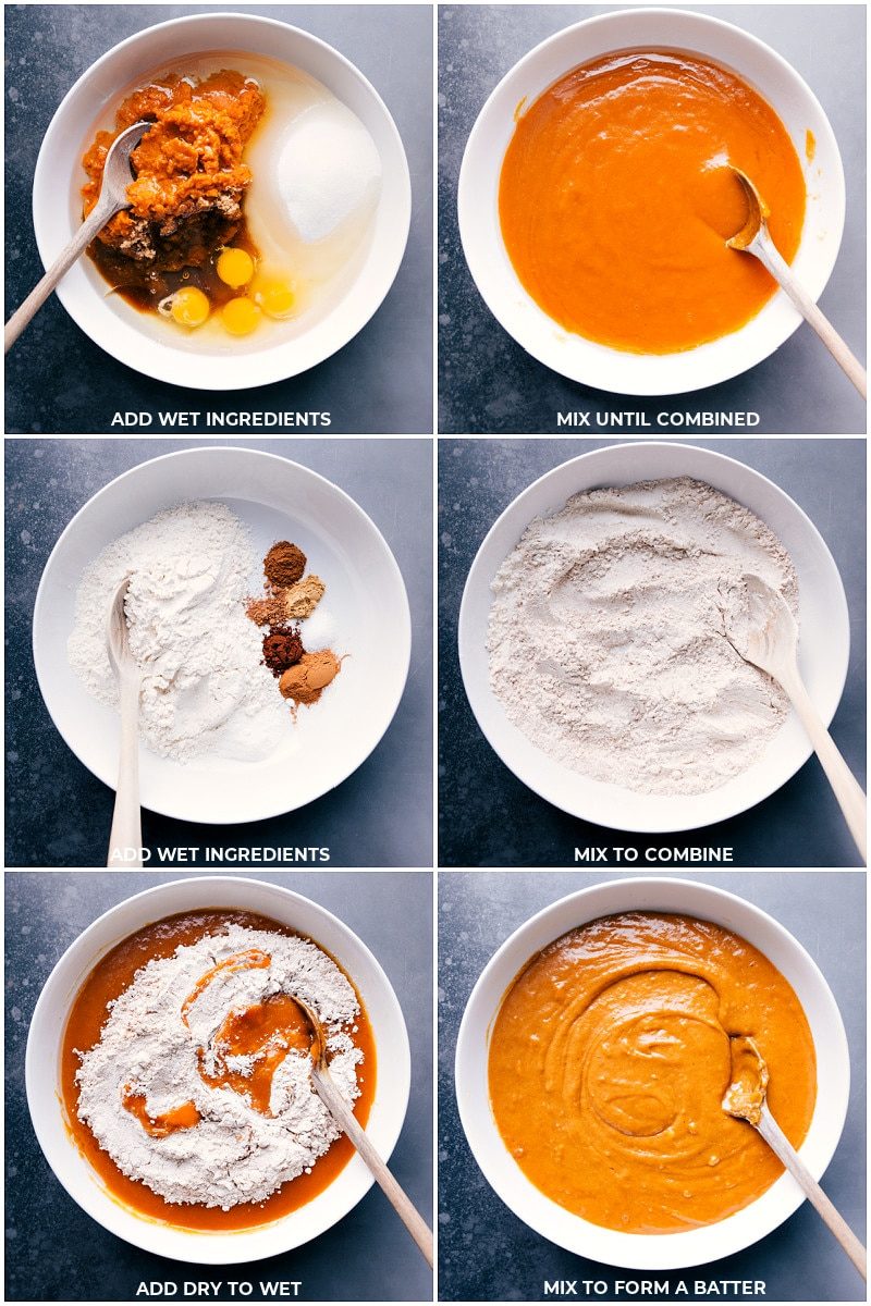 The wet and dry ingredients being prepped and mixed together to create the satisfying and smooth batter.