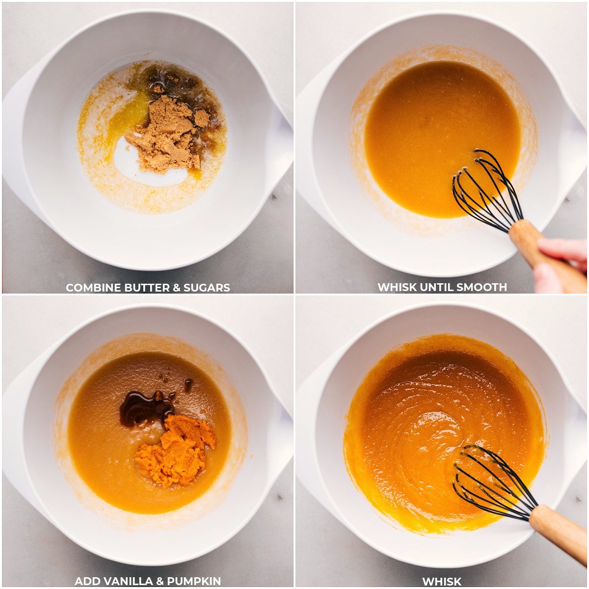Melted butter and sugars mixed with pumpkin and vanilla in a bowl, a crucial step in making pumpkin snickerdoodle cookies.