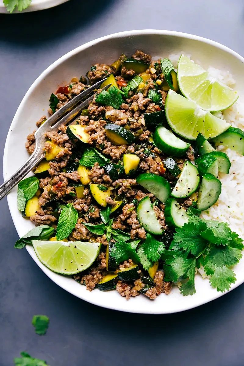Thai-inspired beef larb with rice and fresh herbs, one of the Best Recipes for Meal Prep.