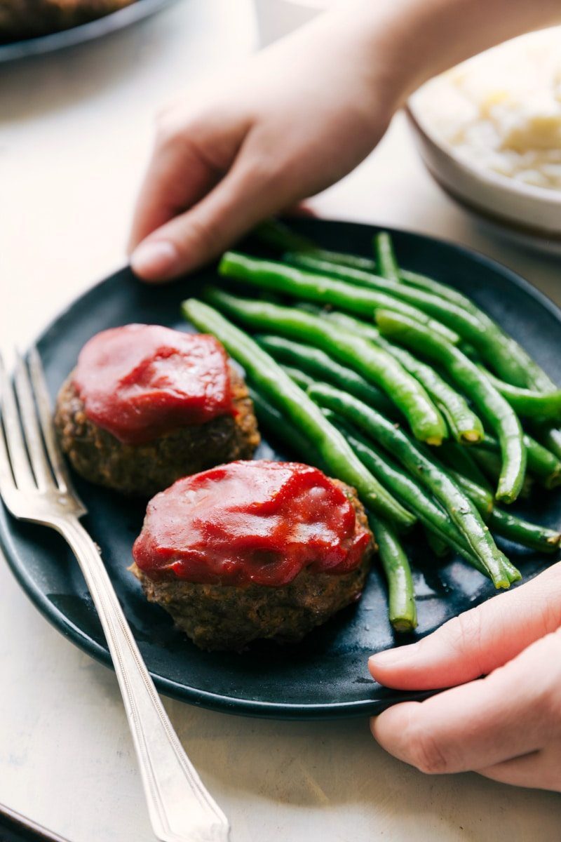 One pan mini meatloaf dinner, one of the Best Recipes for Meal Prep, with potatoes and green beans.
