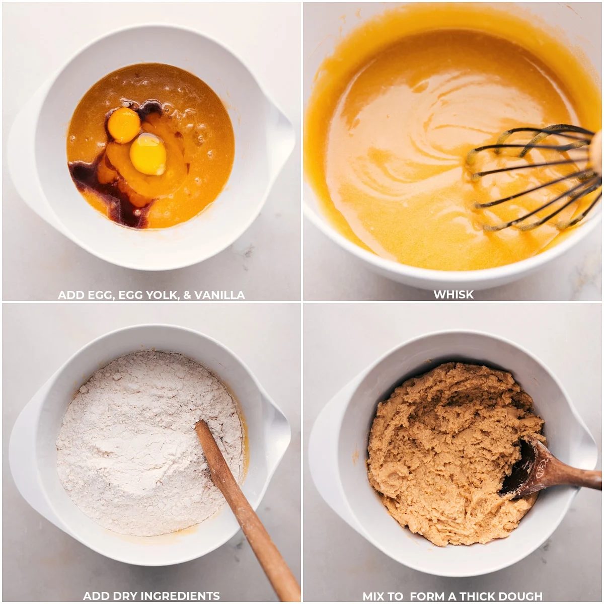 Adding eggs, egg yolk, and vanilla to the dry ingredients in a bowl to finish making the dough.