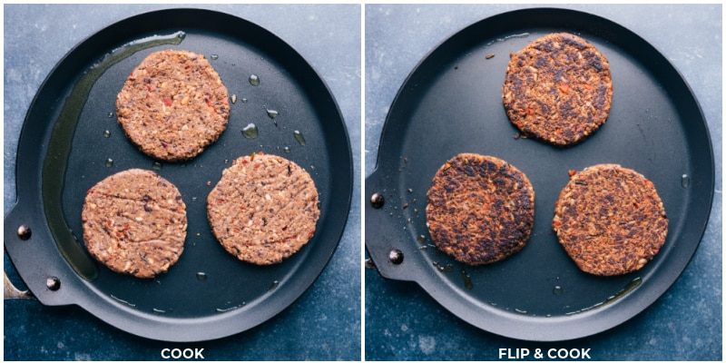 Flipping and cooking the finished black bean burgers on a grill until the edges turn golden brown and fully cooked, with a crispy exterior.
