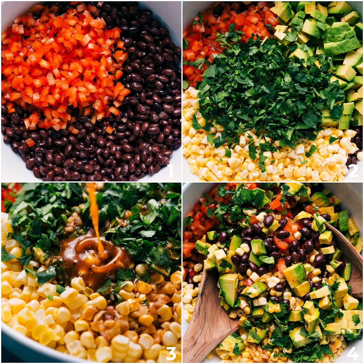 All the ingredients in this recipe being added to a bowl and it all being dressed with the dressing and tossed together.