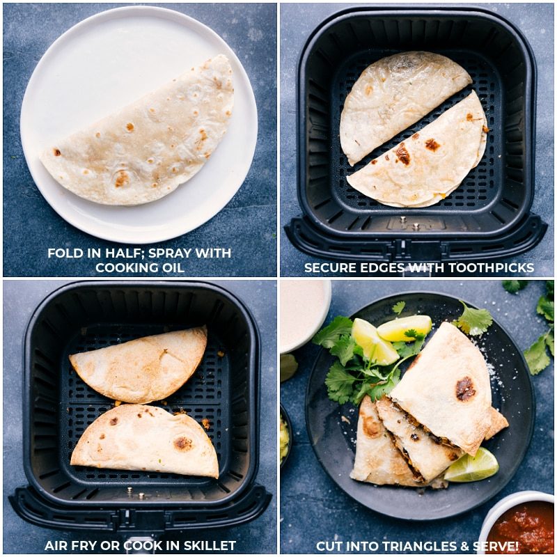 Fold filled tortilla in half and spray with oil; secure edges with toothpicks; cook; slice into quarters.
