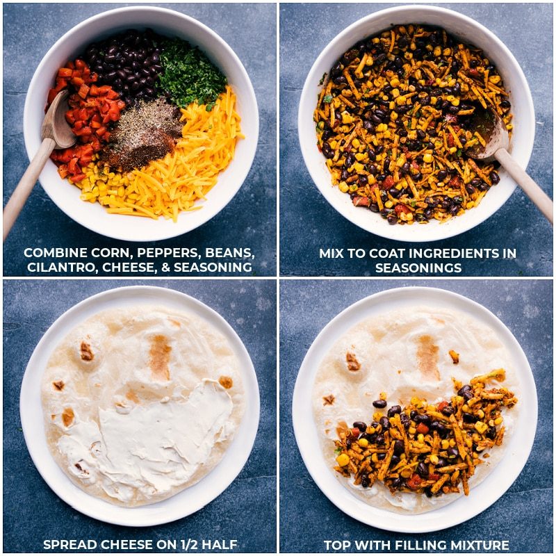 Combine ingredients and mix; spread cheese on one side of the tortilla; top with the mixed ingredients for these black bean quesadillas.