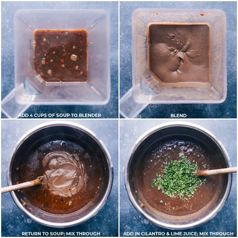 Process shots: Add soup to a blender and process; return to the pan with remaining soup; mix in cilantro and lime juice.