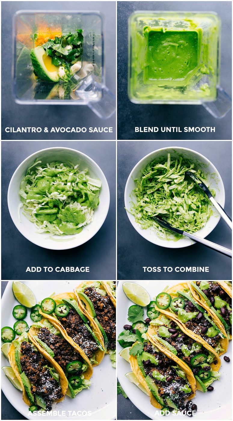 Blending cilantro and avocado for sauce, mixed into cabbage, and adding to the rest of the meal.
