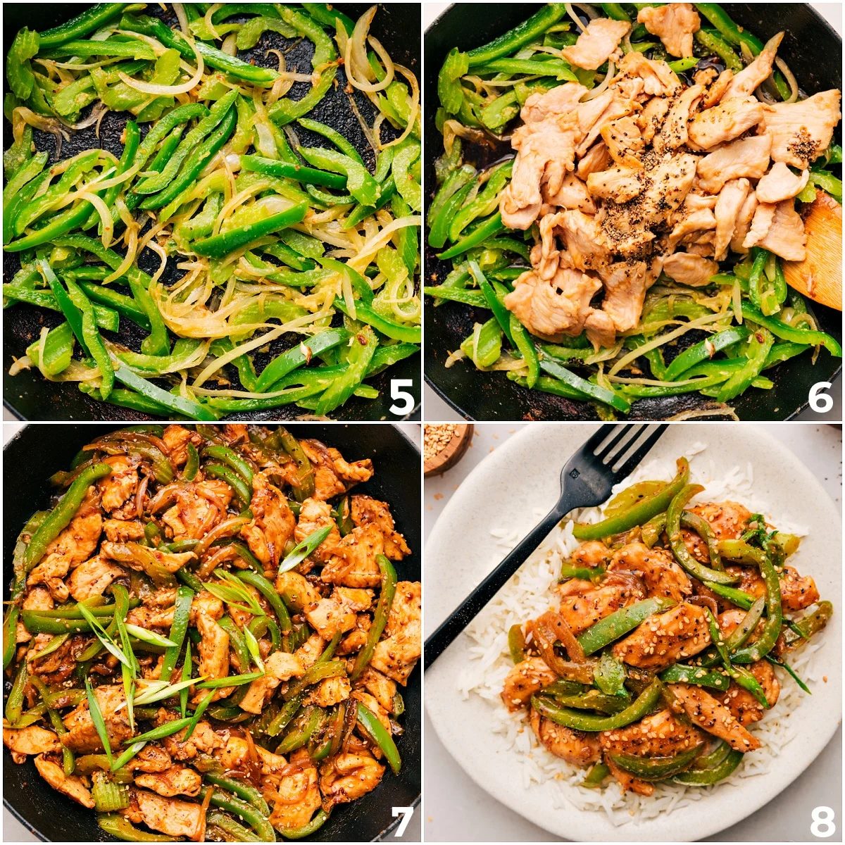 Chicken added to sautéed peppers, cooked together in the skillet, then plated and served.