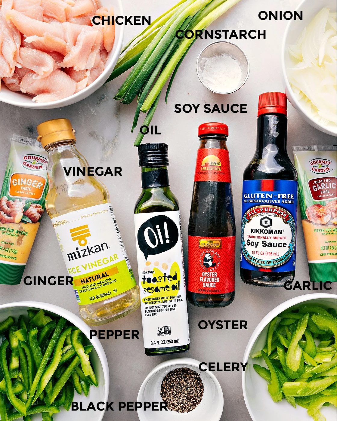 All the ingredients in this recipe prepped out for straightforward assembly including meat, cornstarch, onion, soy sauce, oil, vinegar, garlic, oyster sauce, rice vinegar, ginger, pepper, celery, and pepper.