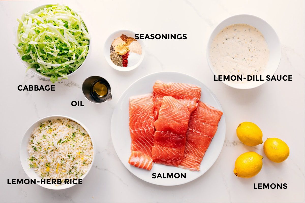 All the ingredients in this recipe prepped out for straightforward assembly including the cabbage, lemon-herb rice, oil, seasonings, salmon, lemon-dill sauce, and lemons.