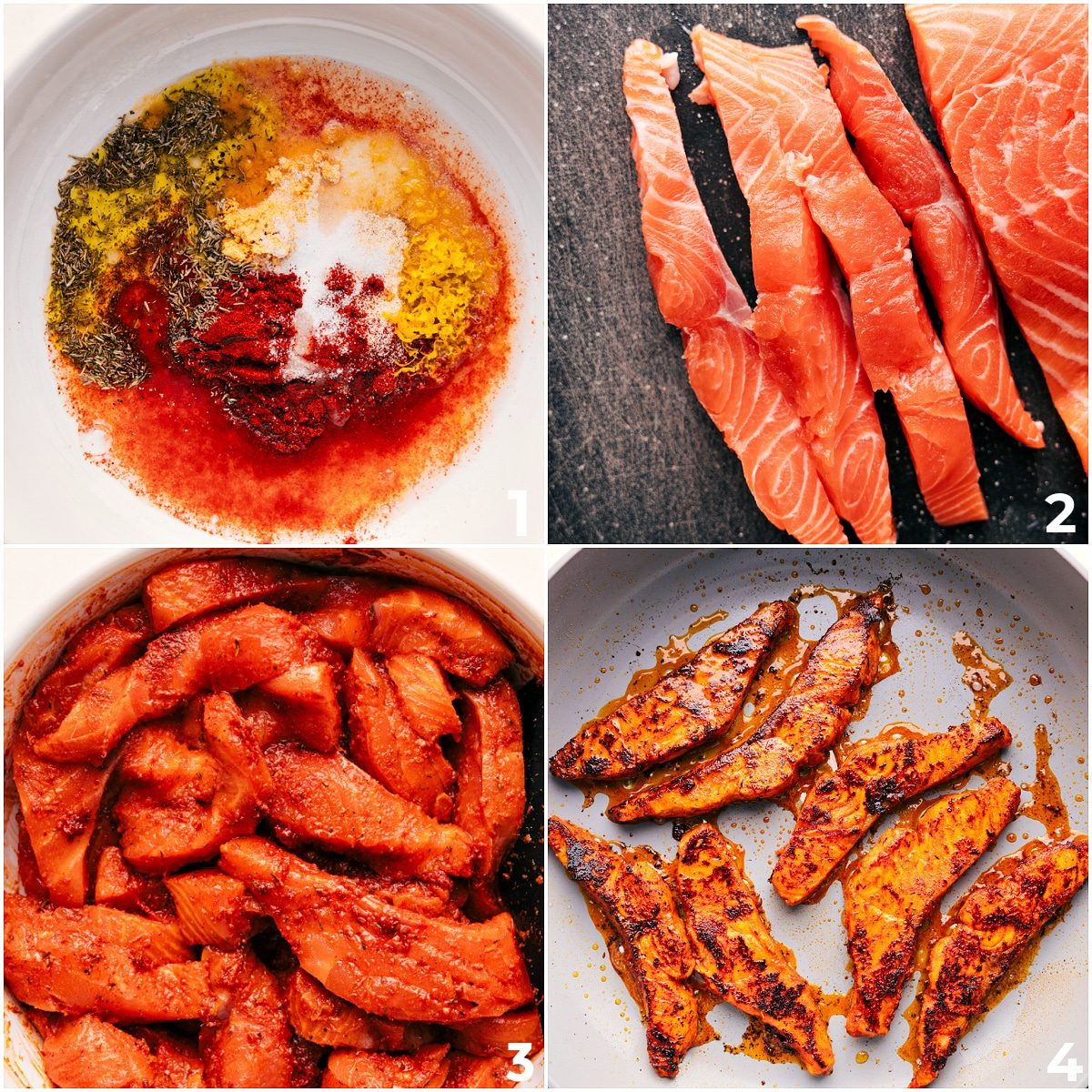 All the marinade ingredients whisked in a bowl, then salmon added and cooked for this blackened salmon recipe.
